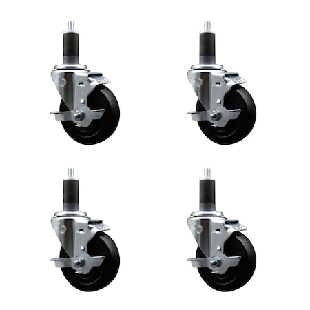 Service Caster 4'' SS Soft Rubber Swivel 1-1/4'' Expanding Stem Caster Set with Brake, 4PK SCC-SSEX20S414-SRS-TLB-114-4
